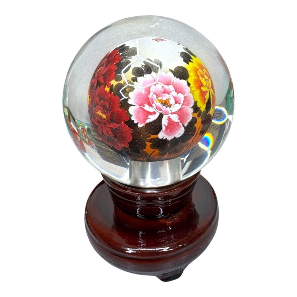 Asian Reverse Hand Painted Glass Ball Wood Stand Vintage Oriental Original Box